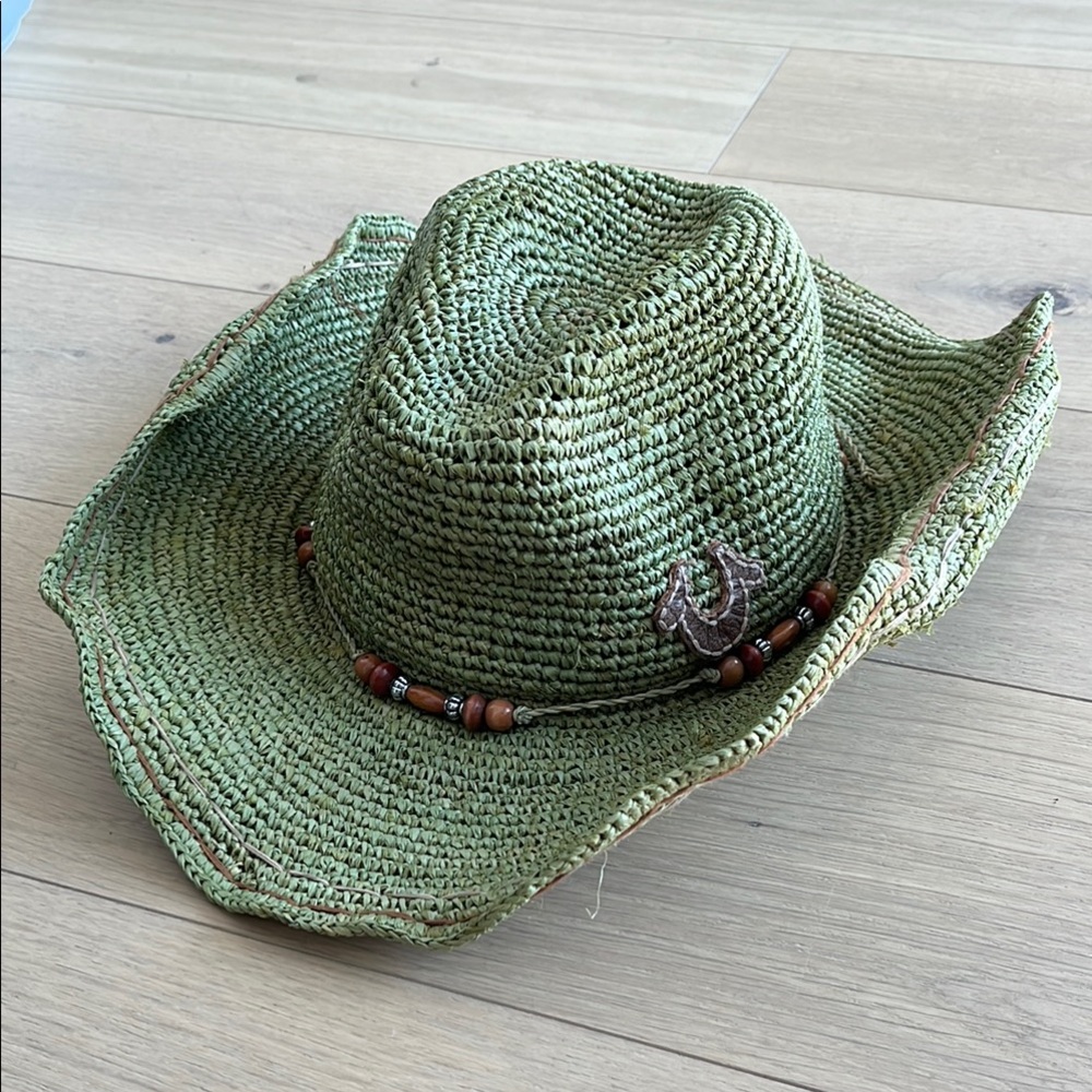 True Religion Green Straw Cowboy Hat with Beaded Band
